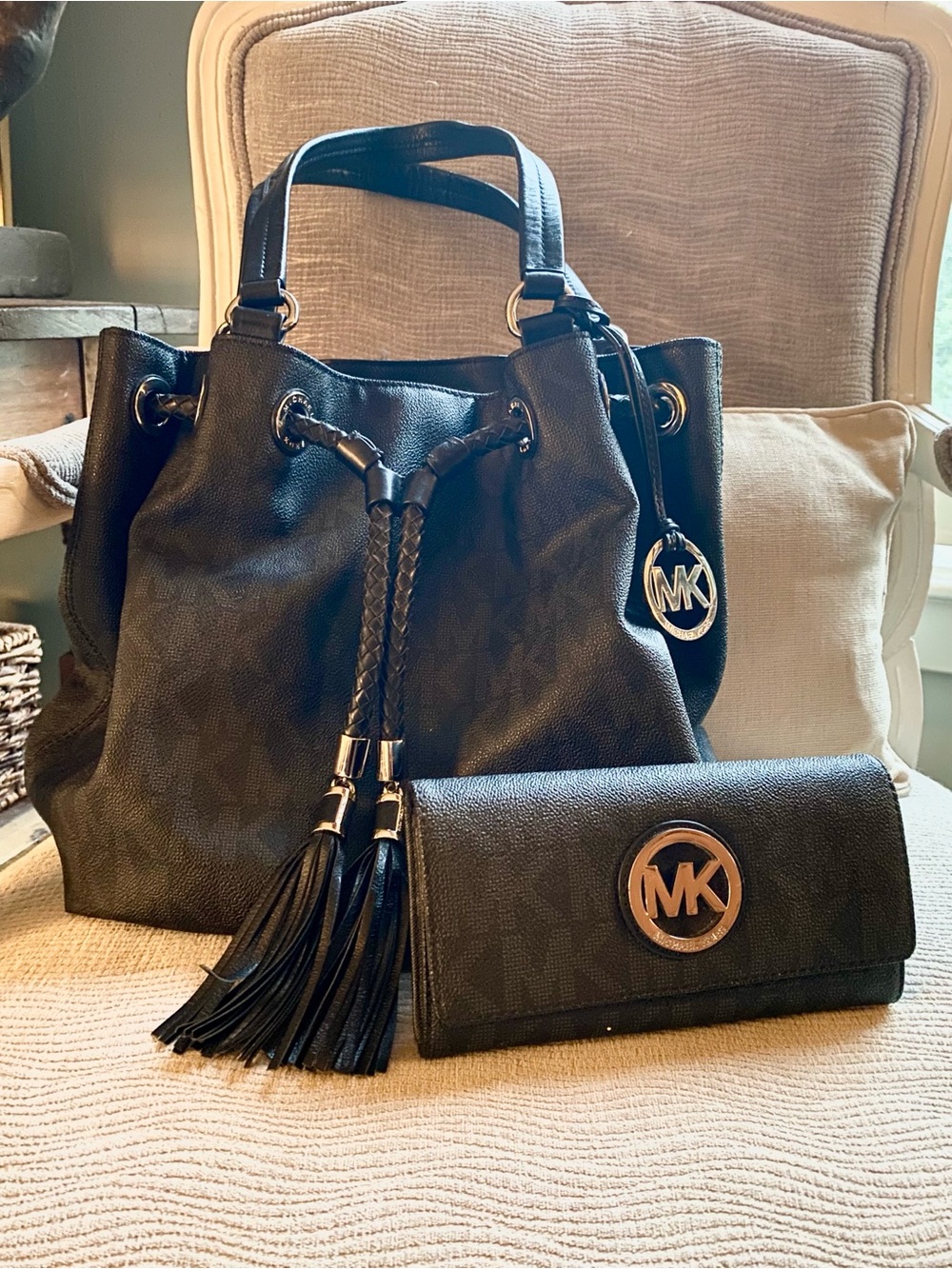 Michael Kors Black Logo Bucket Bag with Tassels with Matching Wallet Bundle
